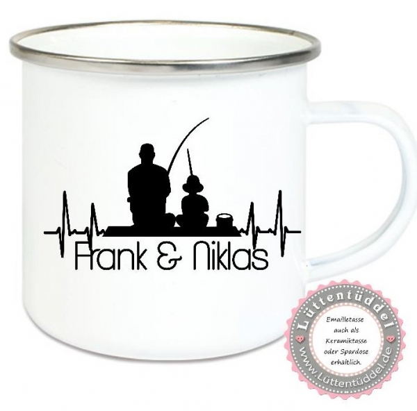 ♥ Becher Tasse Emaillebecher zauberhafte Tasse Emailletasse, Angler Vater & Sohn Vatertag, Wunschname, Dankeschön, Geburtstag, Abschied, Jubiläum, Geschenk, Kommunion, Firmung Konfirmation von Lüttentüddel